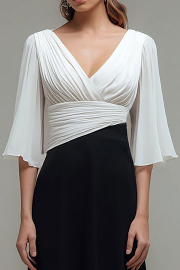 Black White Chiffon Pleated A Line V Neck Formal Dress